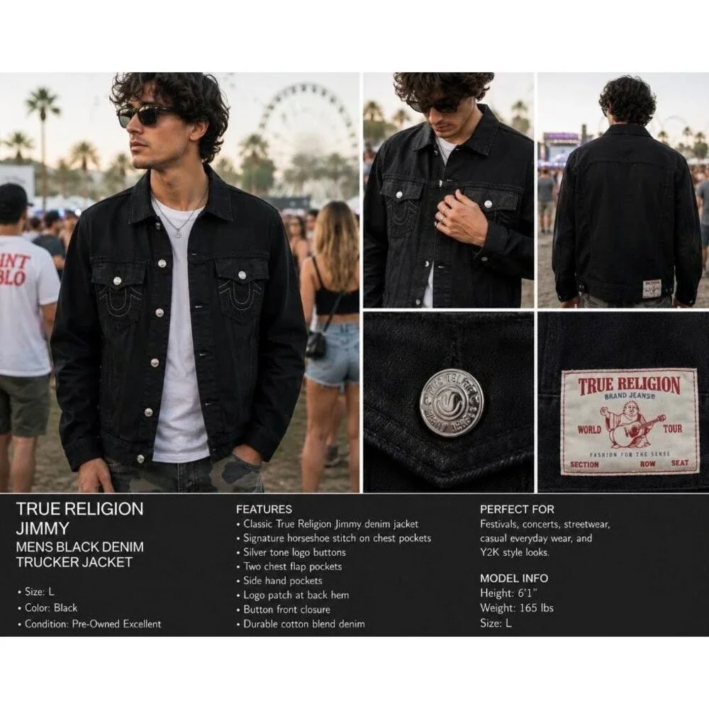 True Religion Jimmy Mens Black Denim Trucker Jacket L Button Front Classic Logo